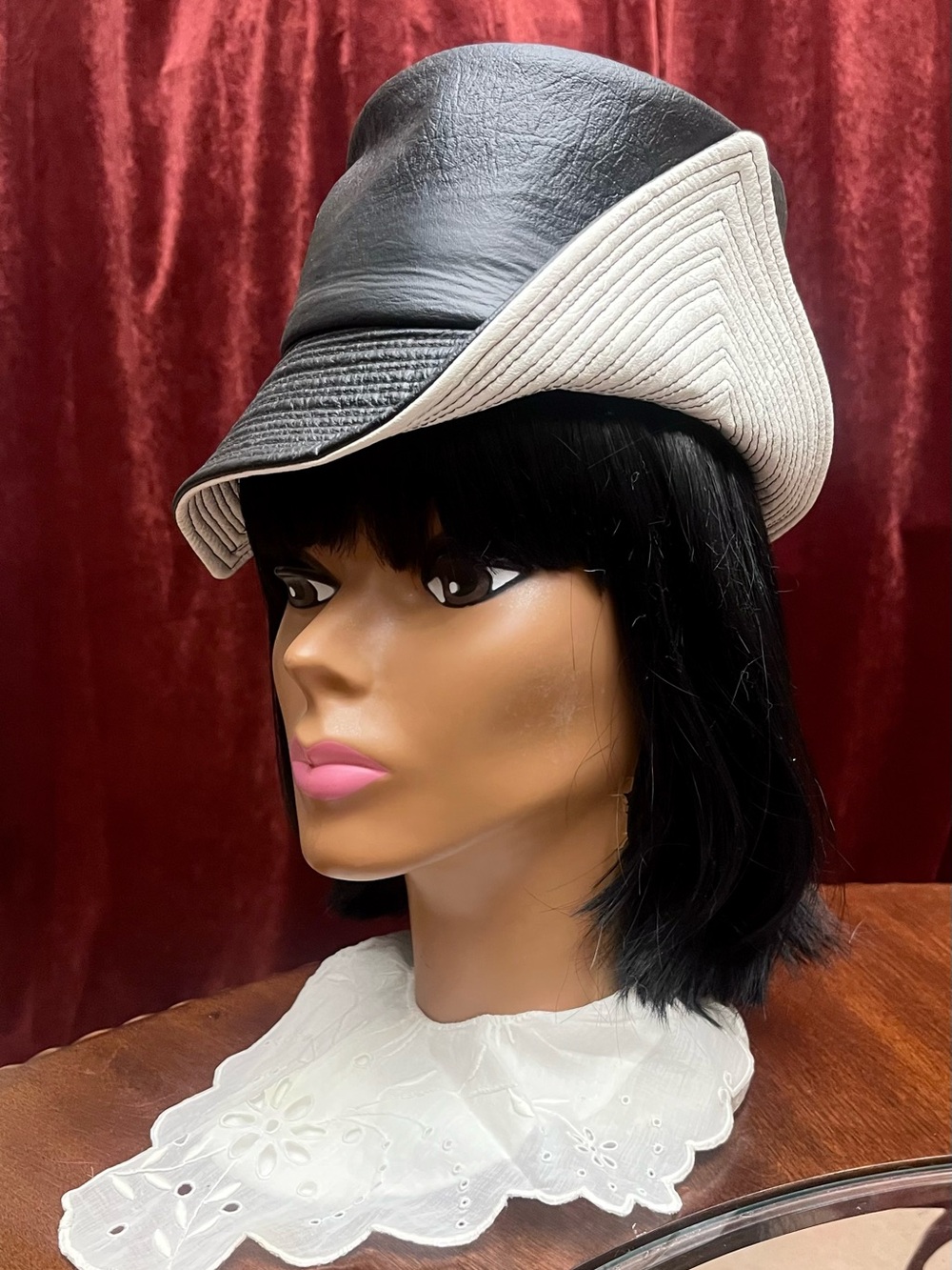 1960s Vintage Charro Original Black White Two-Tone Structured Hat w/ Buttons